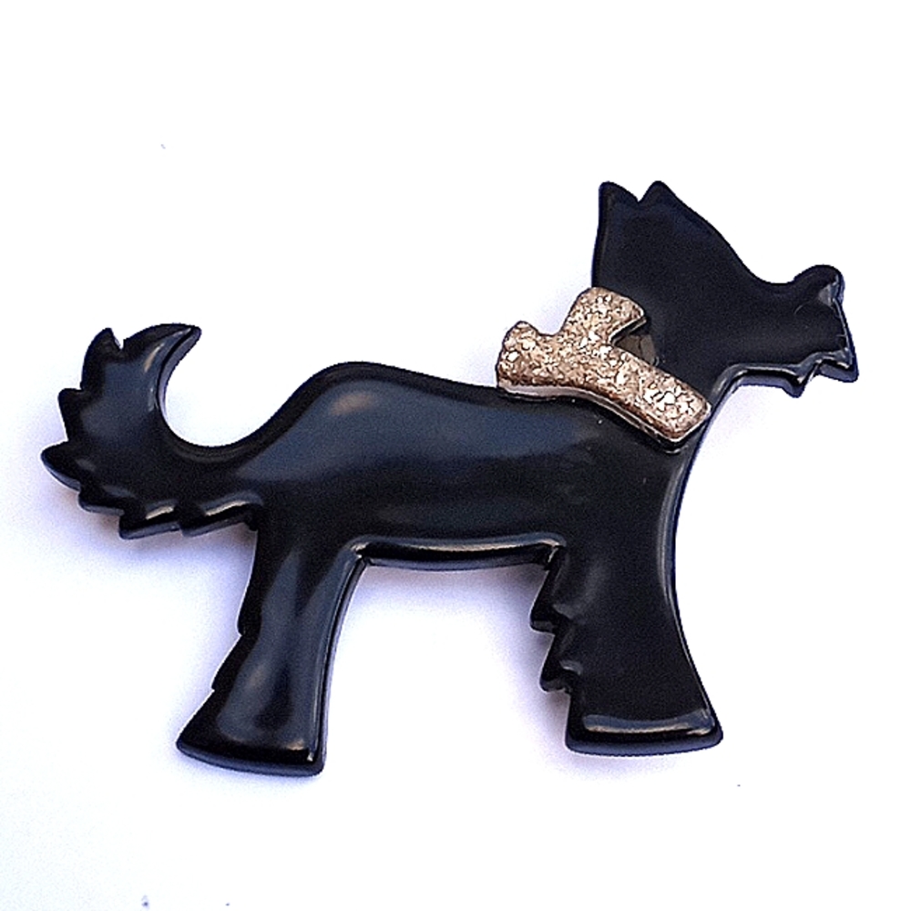 EARLY Lea Stein Black Scottie 'Rhinestone' Glitter Collar Brooch Made in France